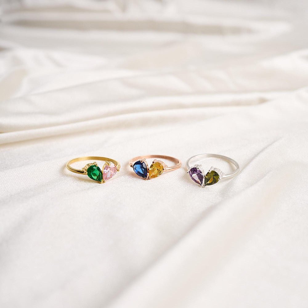 Custom Heart Birthstone Ring, Pear Cut 2 Birthstone Ring, Custom Stacking Ring, Christmas Gifts, Gift for Mom/Mother, Birthday Gift for Her