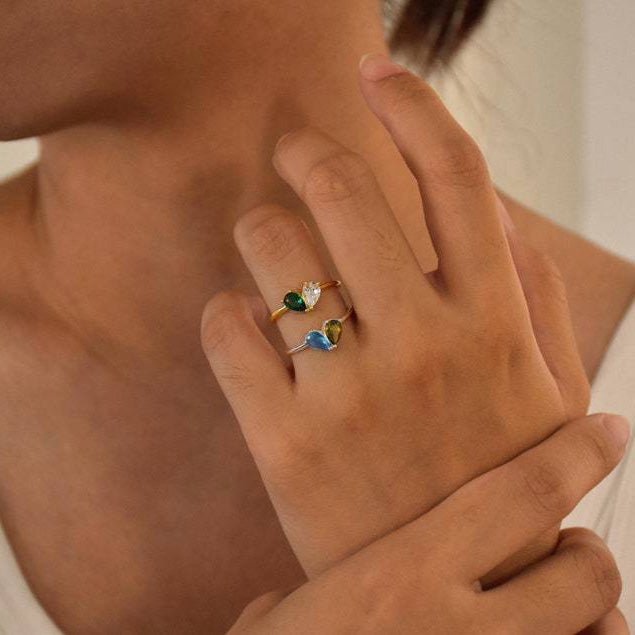 Custom Heart Birthstone Ring, Pear Cut 2 Birthstone Ring, Custom Stacking Ring, Christmas Gifts, Gift for Mom/Mother, Birthday Gift for Her