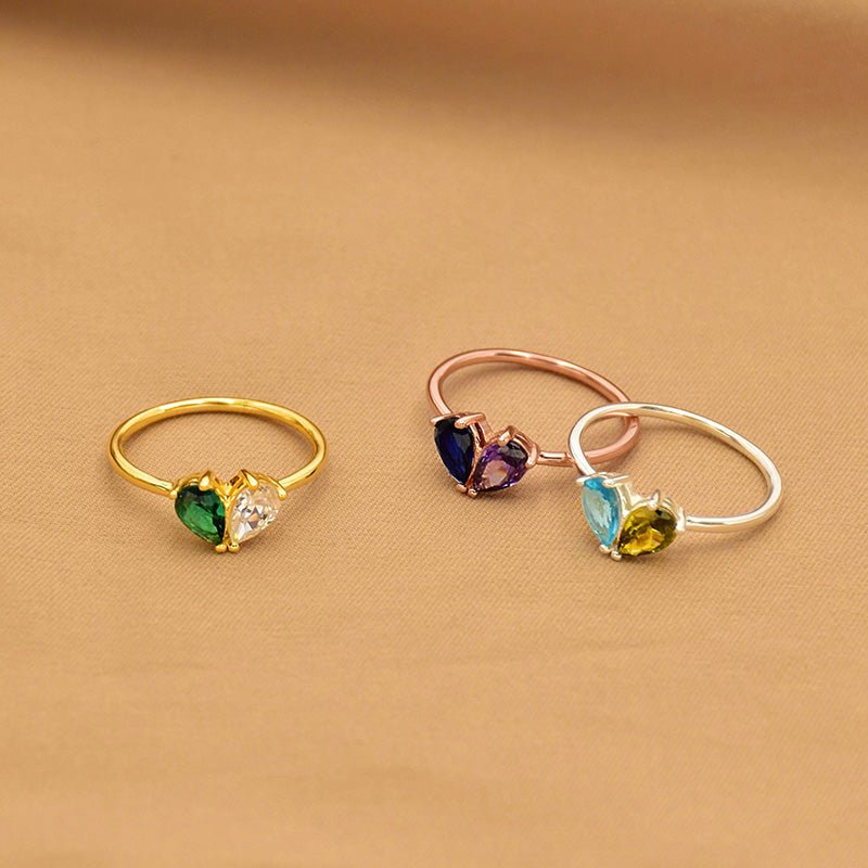 Custom Heart Birthstone Ring, Pear Cut 2 Birthstone Ring, Custom Stacking Ring, Christmas Gifts, Gift for Mom/Mother, Birthday Gift for Her