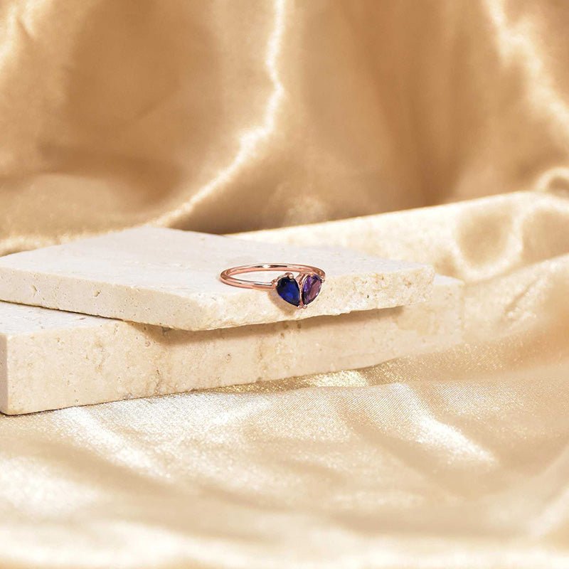 Custom Heart Birthstone Ring, Pear Cut 2 Birthstone Ring, Custom Stacking Ring, Christmas Gifts, Gift for Mom/Mother, Birthday Gift for Her