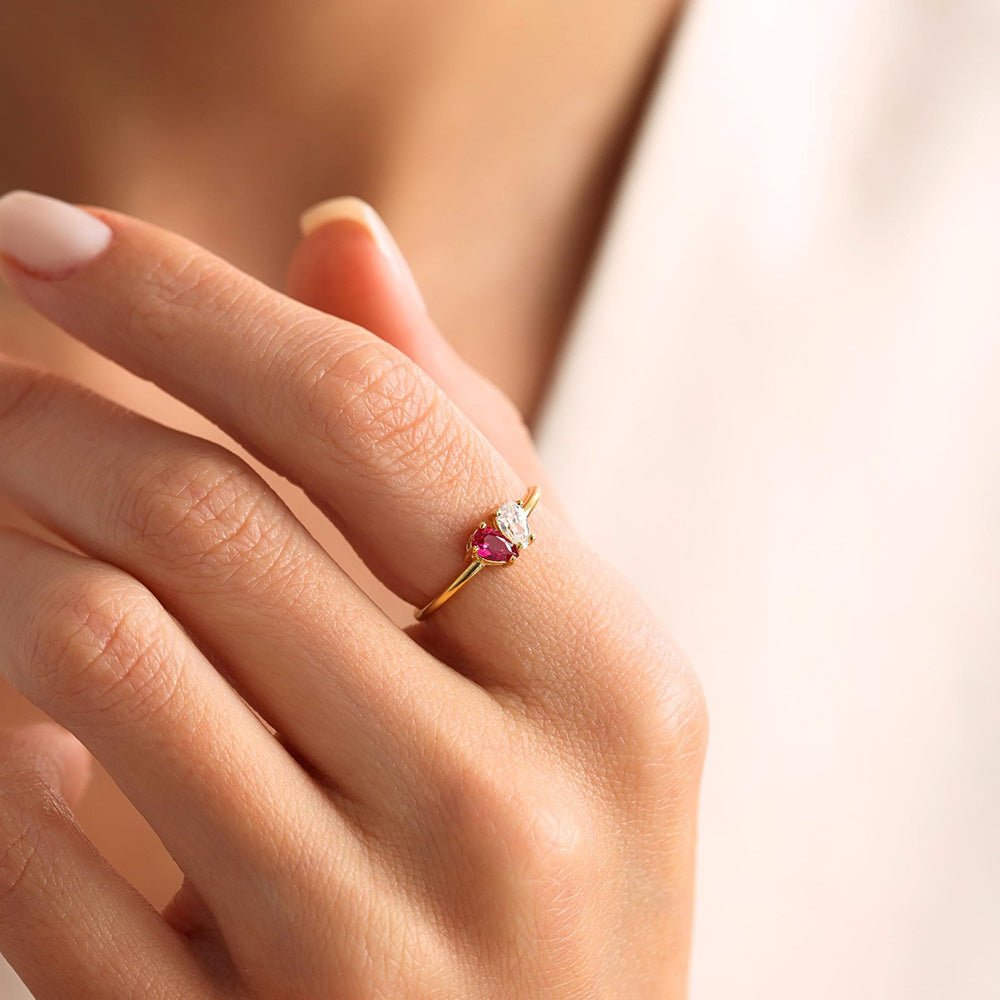 Custom Heart Birthstone Ring, Pear Cut 2 Birthstone Ring, Custom Stacking Ring, Christmas Gifts, Gift for Mom/Mother, Birthday Gift for Her