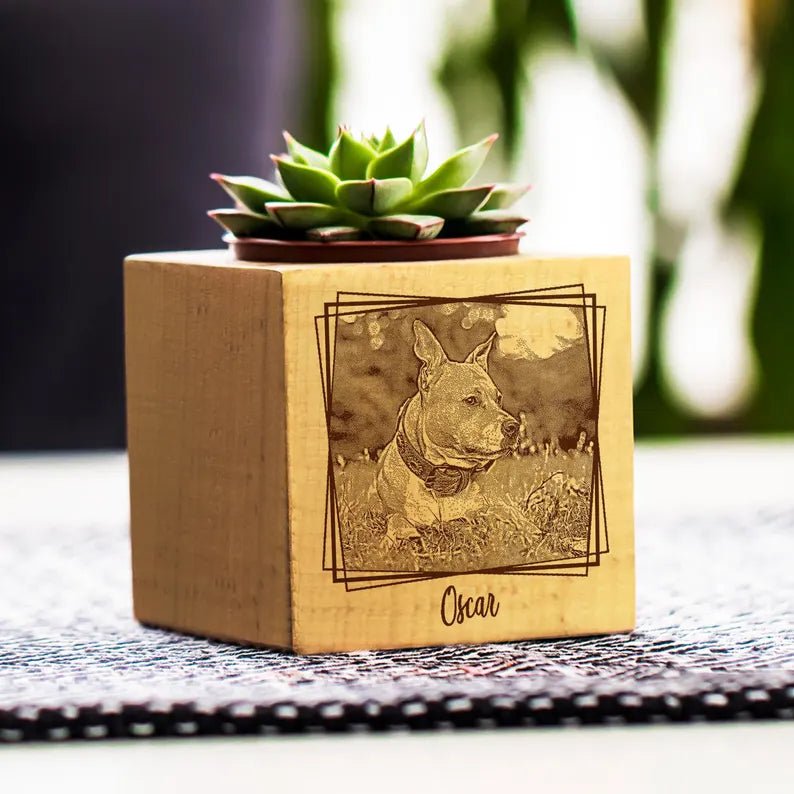 Custom Pet Portrait Planter, Dog Cat Mom Portrait, Wooden Planter, Pet Lost Gift, Pet Memorial Gift, Engraved Photo as Desk Decor