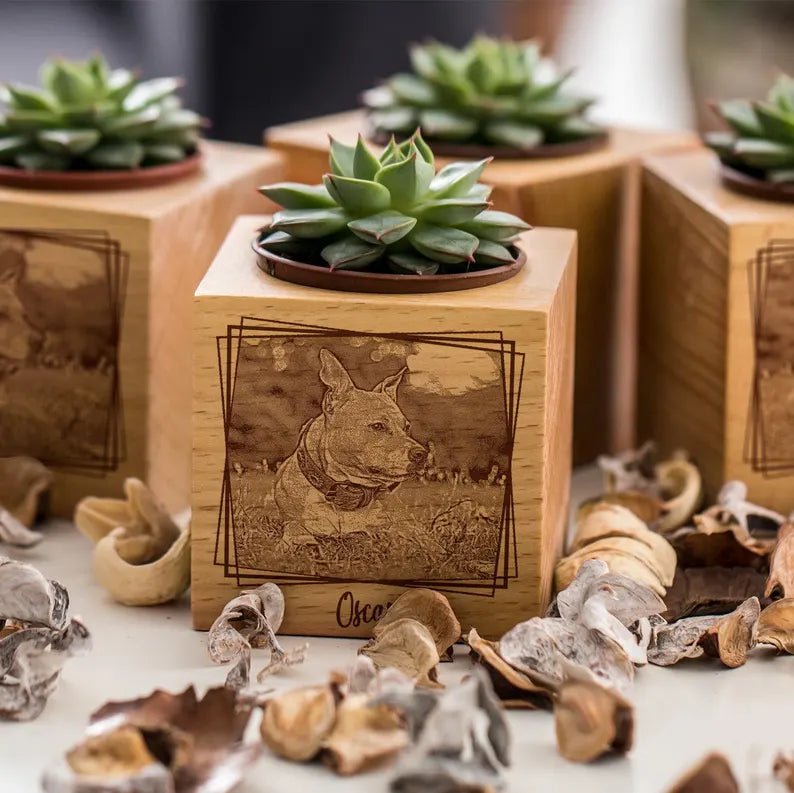 Custom Pet Portrait Planter, Dog Cat Mom Portrait, Wooden Planter, Pet Lost Gift, Pet Memorial Gift, Engraved Photo as Desk Decor
