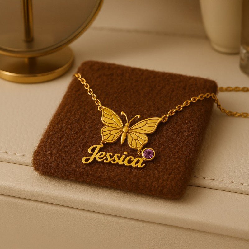 Mother's Day gift butterfly birthstone necklace, personalized name and gemstone, holiday gift