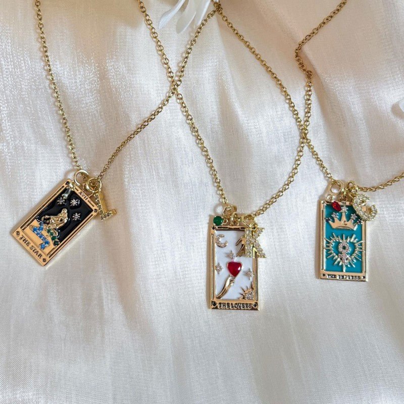 Mystical Astrology Necklace, Tarot Necklace (with Birthstone, Sun, Lover, Star, Moon, Magician Enamel Pendant), Tarot Necklace, Astrology Necklace
