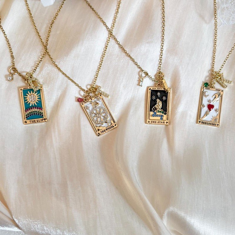 Mystical Astrology Necklace, Tarot Necklace (with Birthstone, Sun, Lover, Star, Moon, Magician Enamel Pendant), Tarot Necklace, Astrology Necklace
