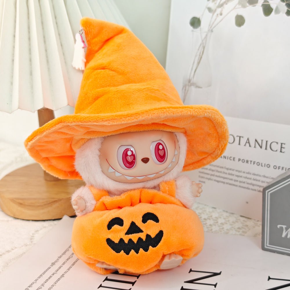 Pumpkin Witch Costume for Labubu – Halloween Themed Doll Clothes with Cute Wizard Hat