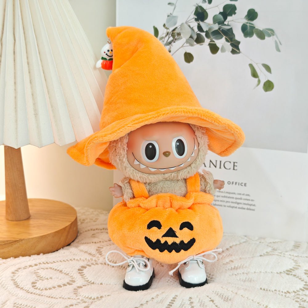 Pumpkin Witch Costume for Labubu – Halloween Themed Doll Clothes with Cute Wizard Hat