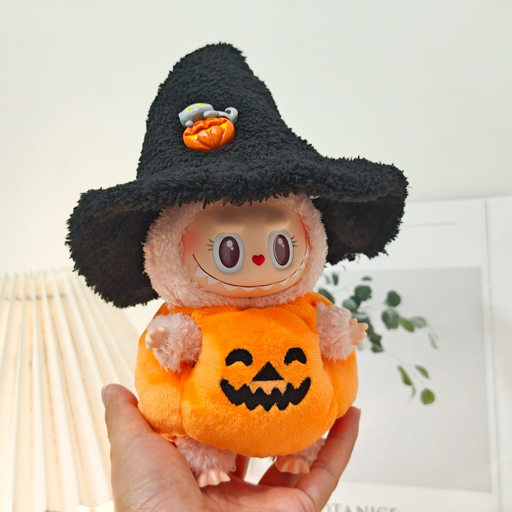 Pumpkin Witch Costume for Labubu – Halloween Themed Doll Clothes with Cute Wizard Hat