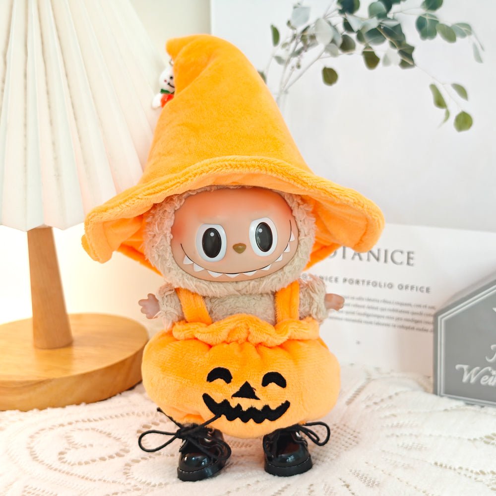Pumpkin Witch Costume for Labubu – Halloween Themed Doll Clothes with Cute Wizard Hat