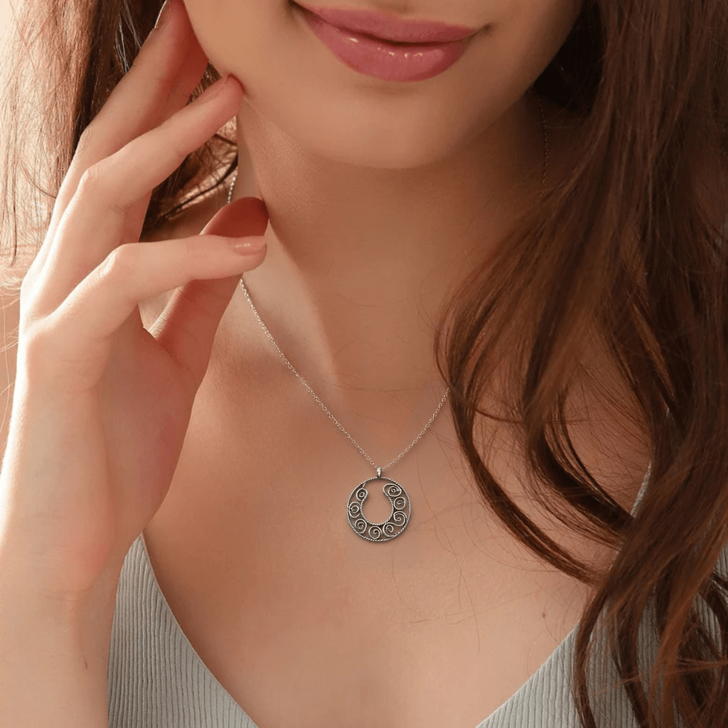 Round hollow pendant necklace, bohemian necklace, silver necklace, gift for her