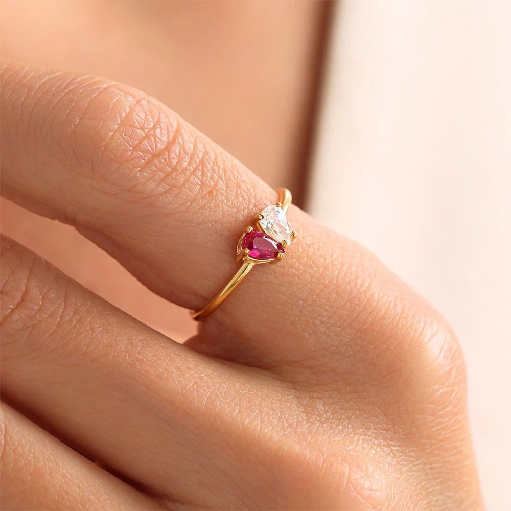 Custom Heart Birthstone Ring, Pear Cut 2 Birthstone Ring, Custom Stacking Ring, Christmas Gifts, Gift for Mom/Mother, Birthday Gift for Her
