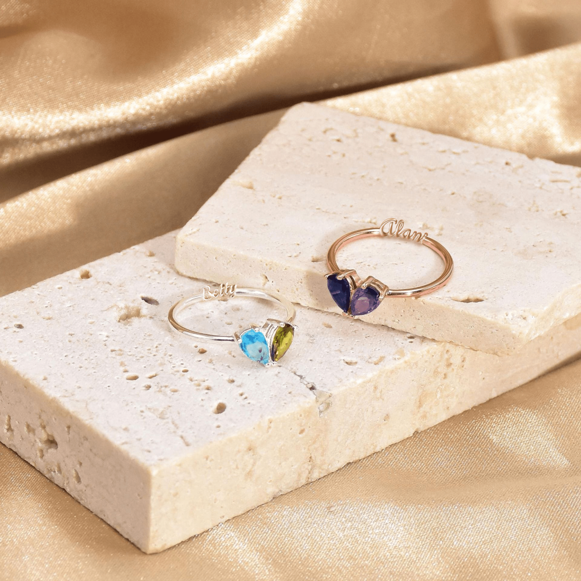 Custom Heart Birthstone Ring, Pear Cut 2 Birthstone Ring, Custom Stacking Ring, Christmas Gifts, Gift for Mom/Mother, Birthday Gift for Her