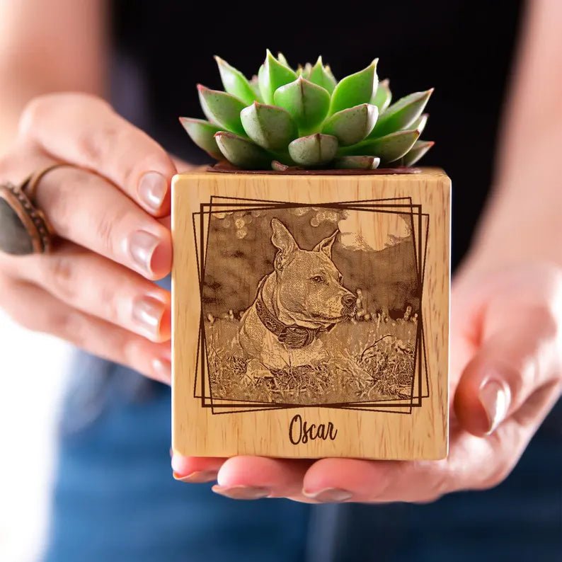 Custom Pet Portrait Planter, Dog Cat Mom Portrait, Wooden Planter, Pet Lost Gift, Pet Memorial Gift, Engraved Photo as Desk Decor