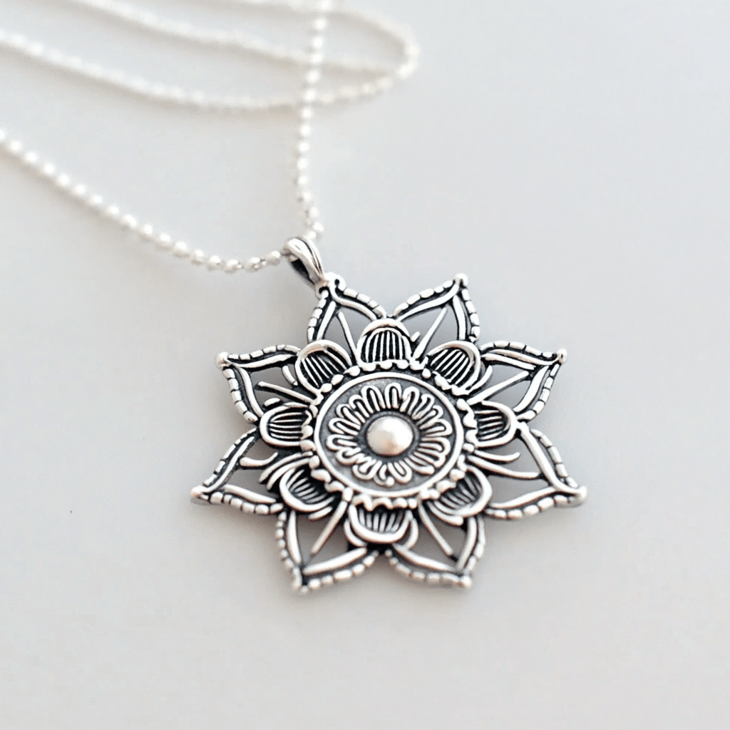 Mandala necklace, bohemian silver necklace, gift for her