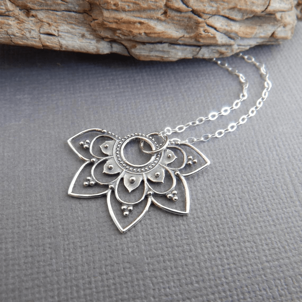 Mandala necklace, bohemian silver necklace, gift for her