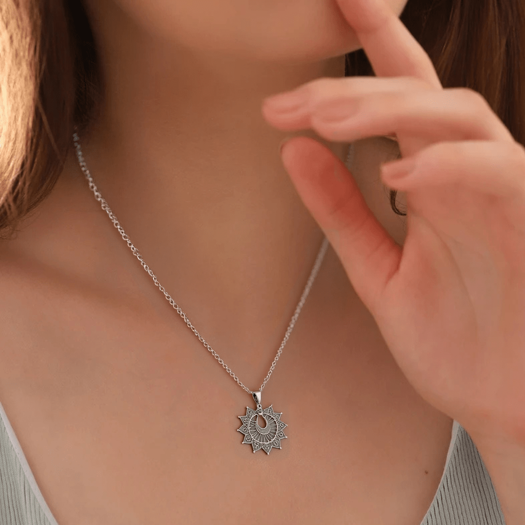 Mandala necklace, bohemian silver necklace, gift for her