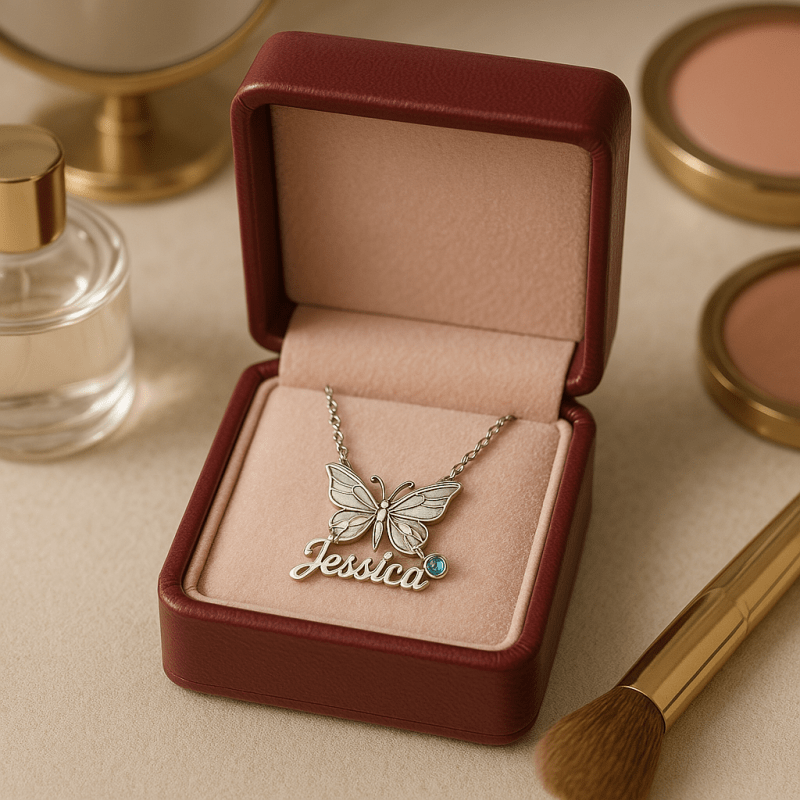 Mother's Day gift butterfly birthstone necklace, personalized name and gemstone, holiday gift