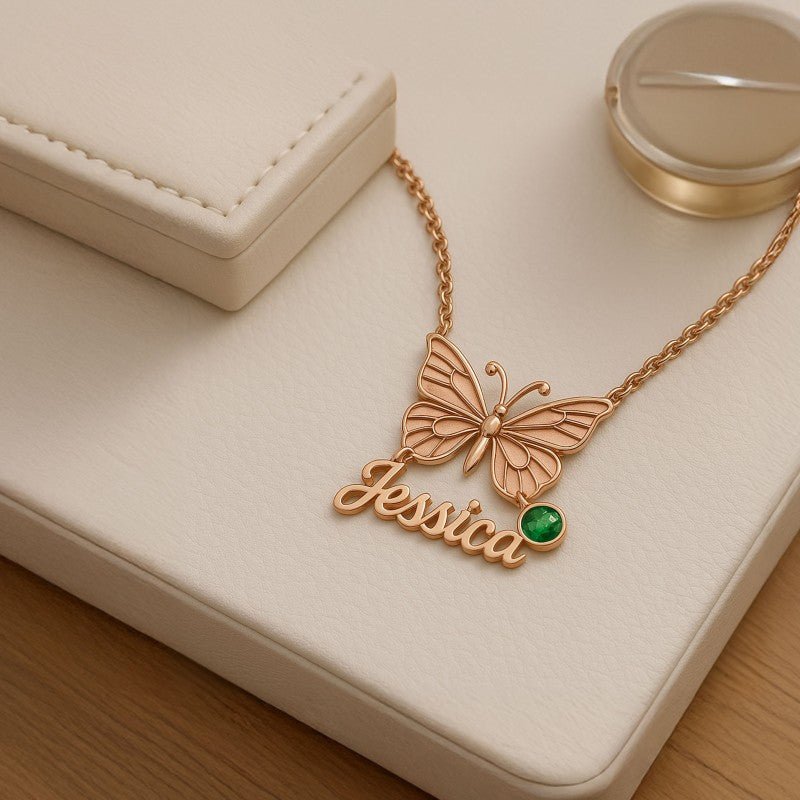 Mother's Day gift butterfly birthstone necklace, personalized name and gemstone, holiday gift