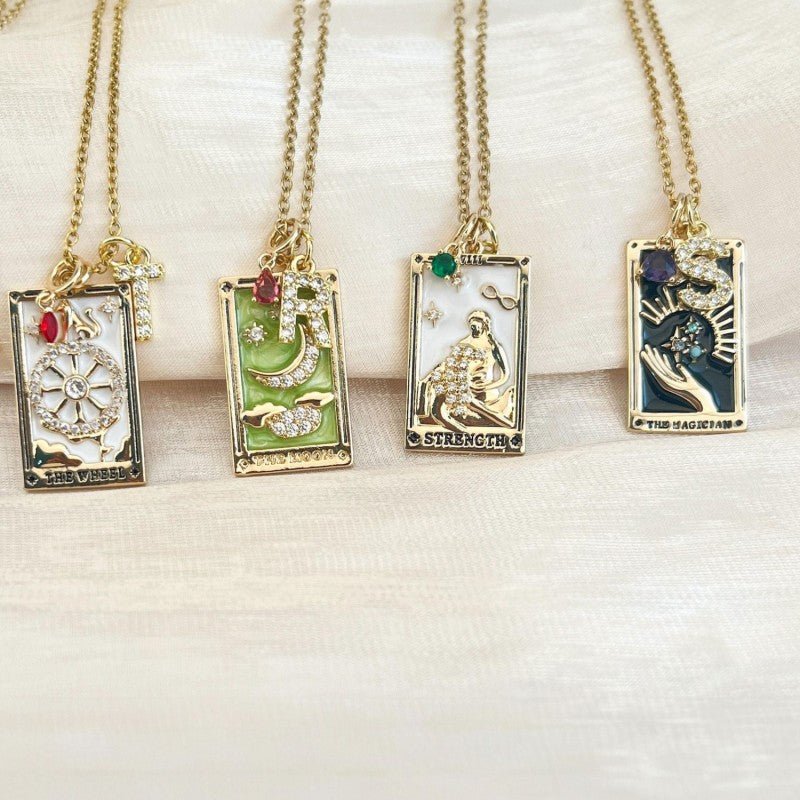 Mystical Astrology Necklace, Tarot Necklace (with Birthstone, Sun, Lover, Star, Moon, Magician Enamel Pendant), Tarot Necklace, Astrology Necklace
