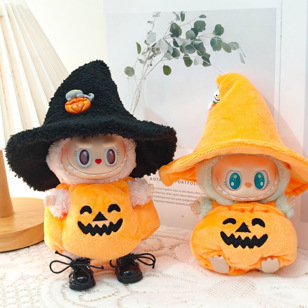 Pumpkin Witch Costume for Labubu – Halloween Themed Doll Clothes with Cute Wizard Hat