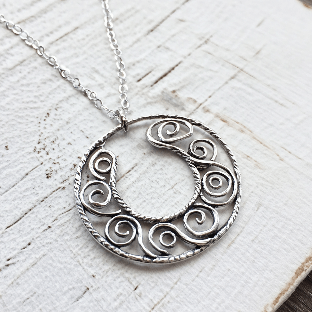 Round hollow pendant necklace, bohemian necklace, silver necklace, gift for her