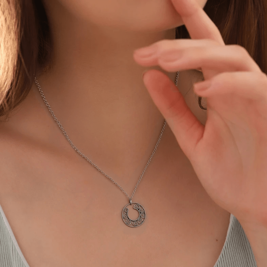 Round hollow pendant necklace, bohemian necklace, silver necklace, gift for her